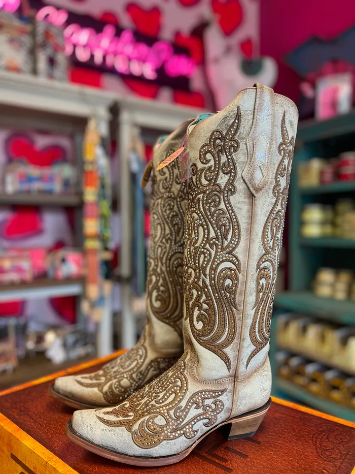 CORRAL Earrings CORRAL WOMENS DISTRESSED CAMEL OVERLAY CRYSTALS WESTERN BOOT C4114