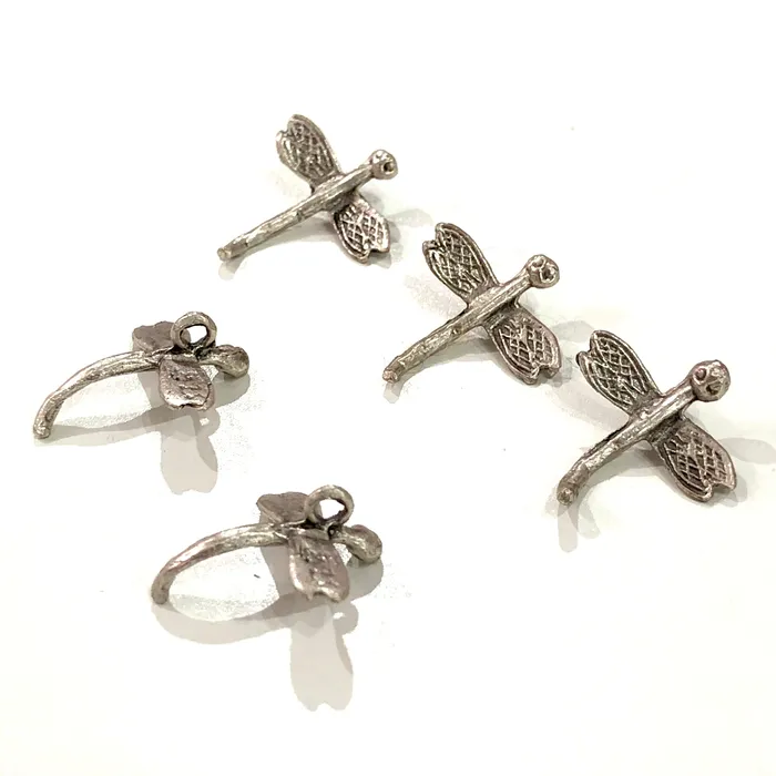Peppy Beads Antique Silver Plated Brass Dragonfly Charms 5 Pcs in a Pack Earrings