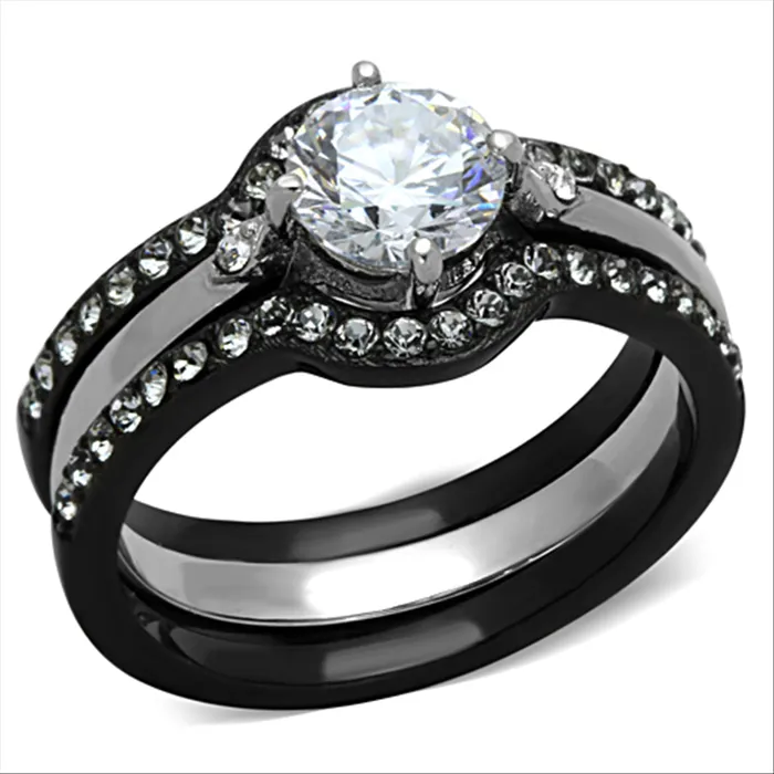 CZ Two Tone Round Cut Stainless Steel Wedding Ring Set Green Rings