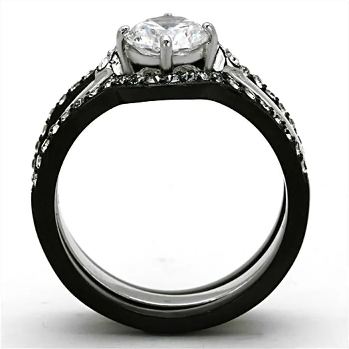 CZ Two Tone Round Cut Stainless Steel Wedding Ring Set Green Rings
