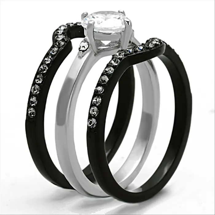 CZ Two Tone Round Cut Stainless Steel Wedding Ring Set Green Rings