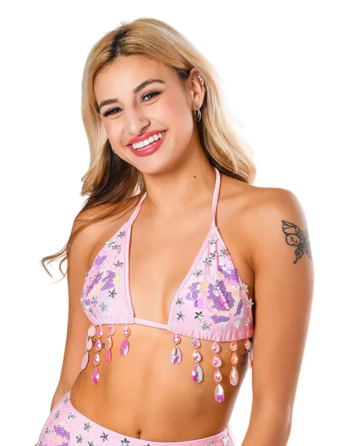 Earrings THE LUMi SHOP Hand Stitched Sequin Top Pink Butterfly Dream