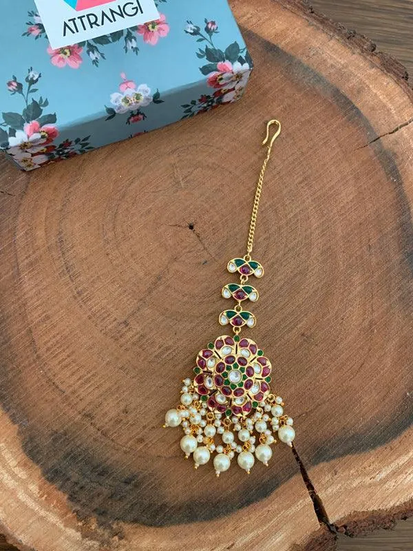 Taazgi Polki Oversized Maangtika attrangi1 Earrings Taazgi Polki Oversized Maangtika attrangi1 Earrings