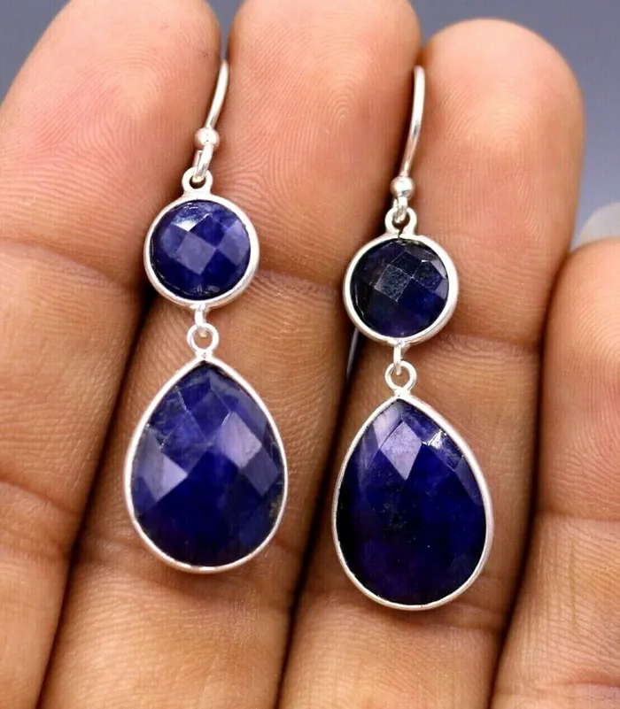 925 sterling silver handmade daily use simulated sapphire hoops earrings s162 TRIBAL ORNAMENTS Earrings