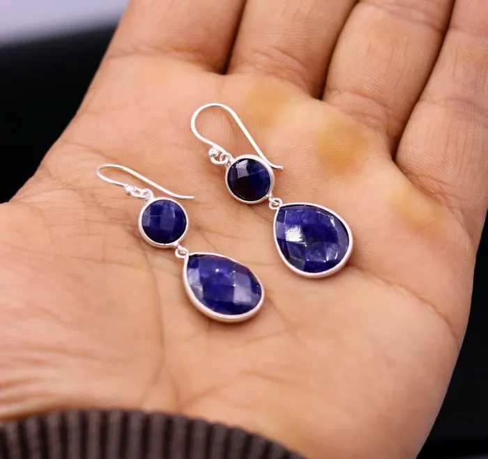 925 sterling silver handmade daily use simulated sapphire hoops earrings s162 TRIBAL ORNAMENTS Earrings