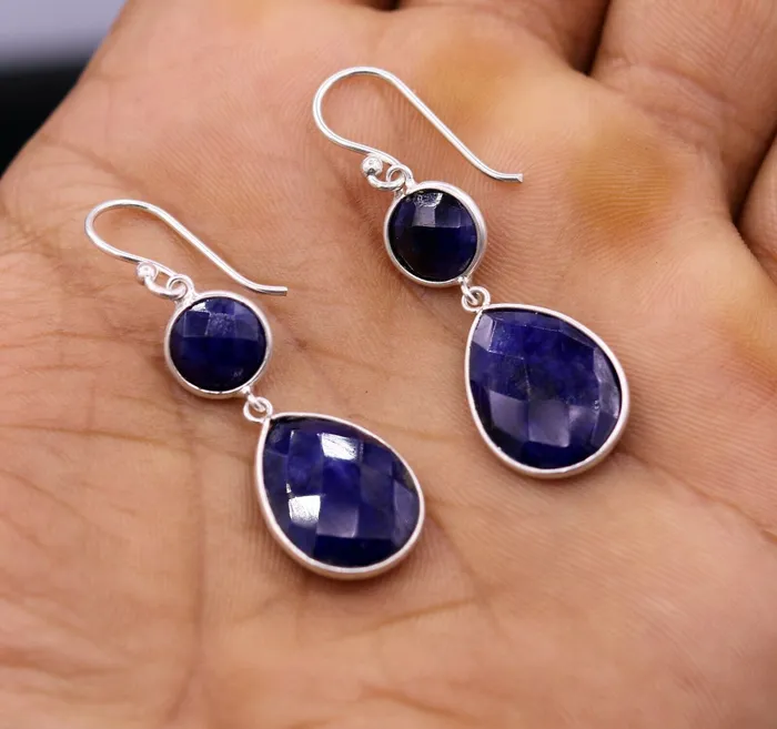925 sterling silver handmade daily use simulated sapphire hoops earrings s162 TRIBAL ORNAMENTS Earrings