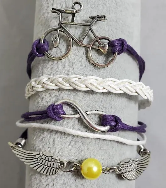 alice Bracelets AZ937 Purple White Bicycle Wing Infinity Layer Leather Bracelet