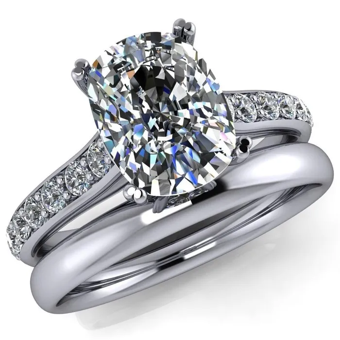 Constantina Cushion Moissanite 4 Prong Diamond Channel Engagement Ring Fire Brilliance Rings