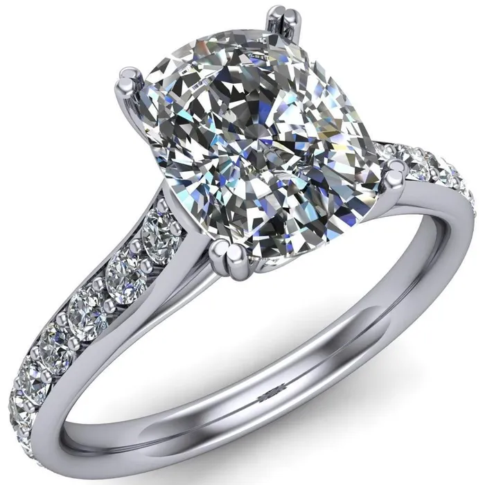 Constantina Cushion Moissanite 4 Prong Diamond Channel Engagement Ring Fire Brilliance Rings