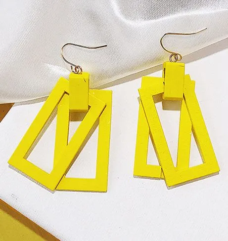 Earrings E717 Yellow Wooden Rectangle Earrings 02