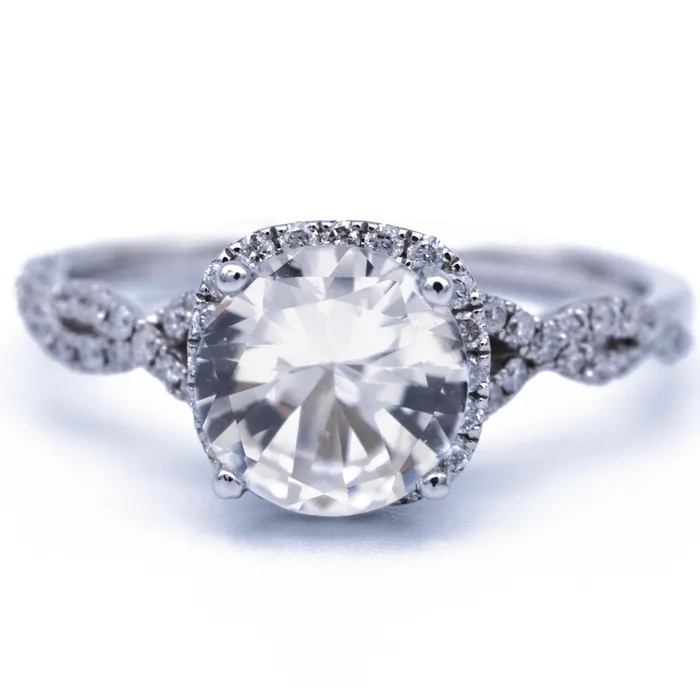 Fire Brilliance Rings 8mm White Round Sapphire 14K White Gold Infinite Shank and Halo Diamond Ring 2 CTTW Fire Brilliance Rings 8mm White Round Sapphire 14K White Gold Infinite Shank and Halo Diamond Ring 2 CTTW