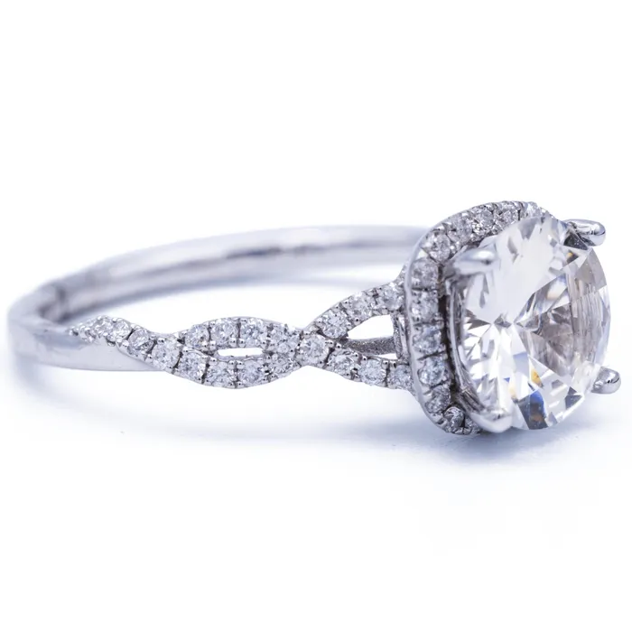 Fire Brilliance Rings 8mm White Round Sapphire 14K White Gold Infinite Shank and Halo Diamond Ring 2 CTTW