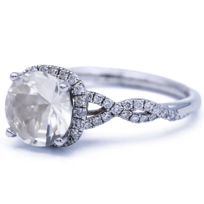 Fire Brilliance Rings 8mm White Round Sapphire 14K White Gold Infinite Shank and Halo Diamond Ring 2 CTTW
