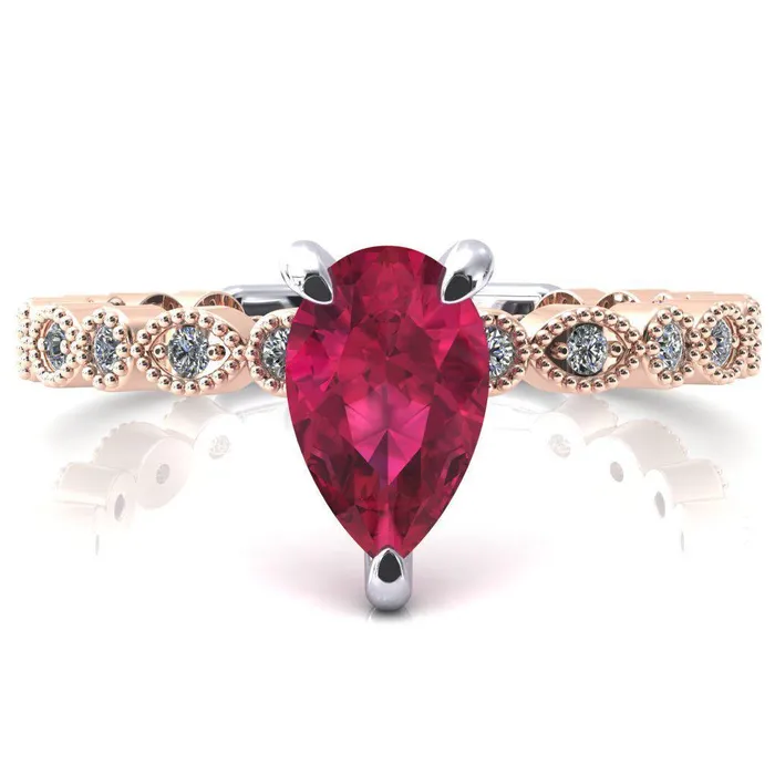 Lizette Pear Ruby 3 Claw Prong 34 Eternity Milgrain Diamond Shank Engagement Ring Fire Brilliance Rings