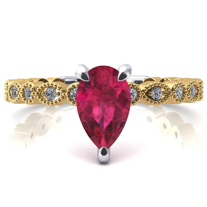 Lizette Pear Ruby 3 Claw Prong 34 Eternity Milgrain Diamond Shank Engagement Ring Fire Brilliance Rings