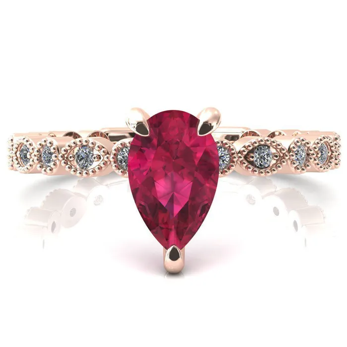 Lizette Pear Ruby 3 Claw Prong 34 Eternity Milgrain Diamond Shank Engagement Ring Fire Brilliance Rings