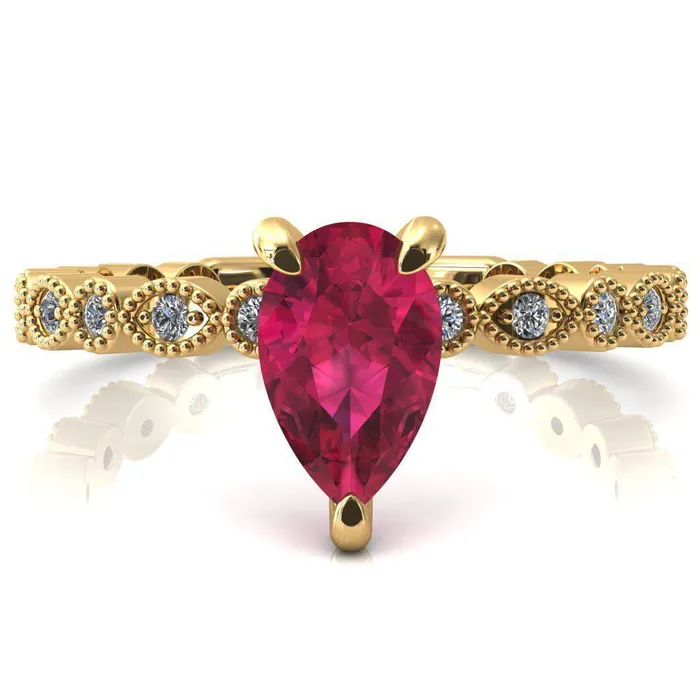 Lizette Pear Ruby 3 Claw Prong 34 Eternity Milgrain Diamond Shank Engagement Ring Fire Brilliance Rings