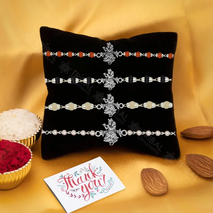 Lord Krishna Radhe Krishna design 925 sterling silver Rakhi bracelet in rudrakshblack basilwhite basil and silver beaded chain rk275 TRIBAL ORNAMENTS Bracelets Lord Krishna Radhe Krishna design 925 sterling silver Rakhi bracelet in rudrakshblack basilwhite basil and silver beaded chain rk275 TRIBAL ORNAMENTS Bracelets