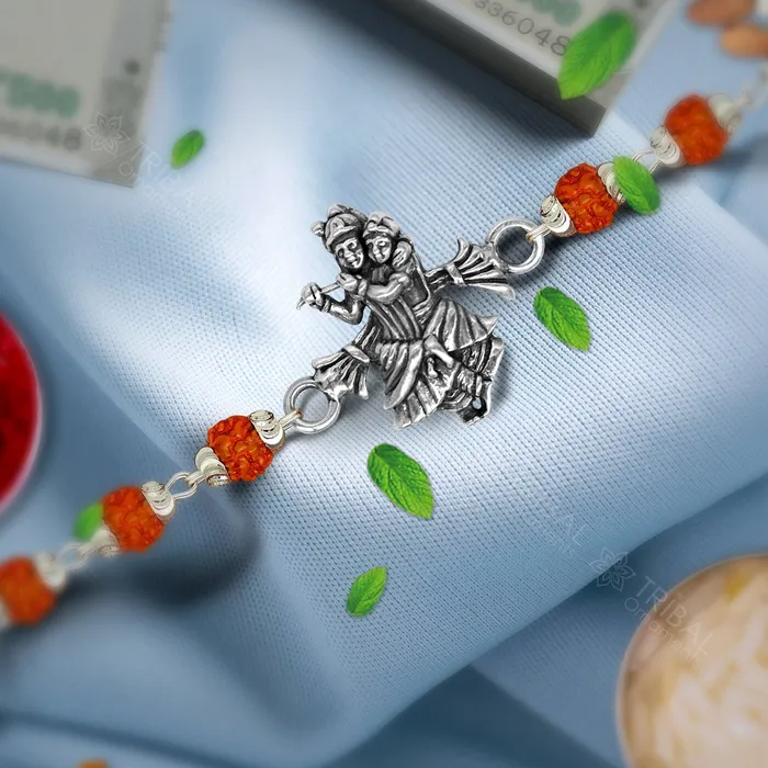 Lord Krishna Radhe Krishna design 925 sterling silver Rakhi bracelet in rudrakshblack basilwhite basil and silver beaded chain rk275 TRIBAL ORNAMENTS Bracelets Lord Krishna Radhe Krishna design 925 sterling silver Rakhi bracelet in rudrakshblack basilwhite basil and silver beaded chain rk275 TRIBAL ORNAMENTS Bracelets