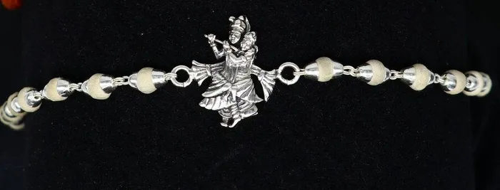 Lord Krishna Radhe Krishna design 925 sterling silver Rakhi bracelet in rudrakshblack basilwhite basil and silver beaded chain rk275 TRIBAL ORNAMENTS Bracelets Lord Krishna Radhe Krishna design 925 sterling silver Rakhi bracelet in rudrakshblack basilwhite basil and silver beaded chain rk275 TRIBAL ORNAMENTS Bracelets