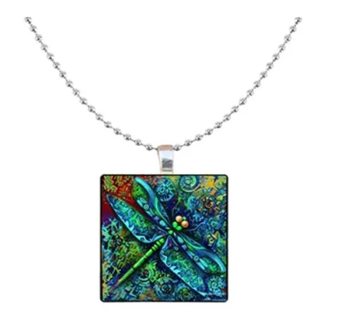 N1796 Silver BlueGreen Dragonfly Square Beaded Chain Necklace with FREE Earrings polly Necklaces N1796 Silver BlueGreen Dragonfly Square Beaded Chain Necklace with FREE Earrings polly Necklaces