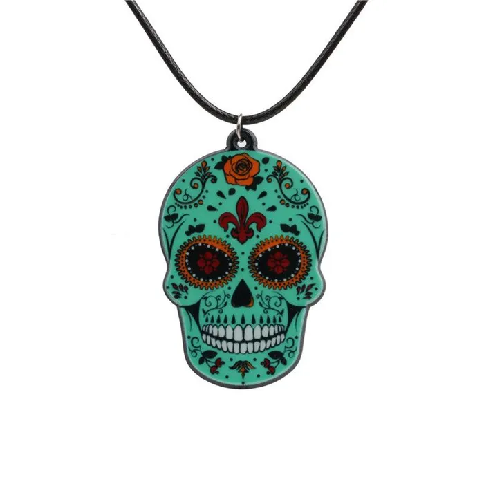 Necklaces 01 N1390 Green Sugar Skull on Leather Cord Necklace with FREE Earrings Necklaces 01 N1390 Green Sugar Skull on Leather Cord Necklace with FREE Earrings