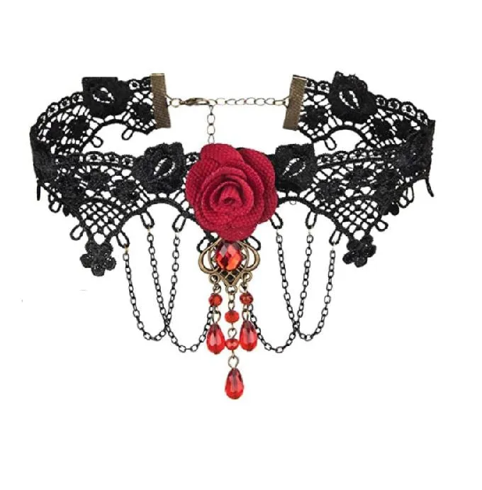 Necklaces Polly N2130 Red Rose Gem Black Lace Choker Necklace With FREE Earrings Necklaces Polly N2130 Red Rose Gem Black Lace Choker Necklace With FREE Earrings