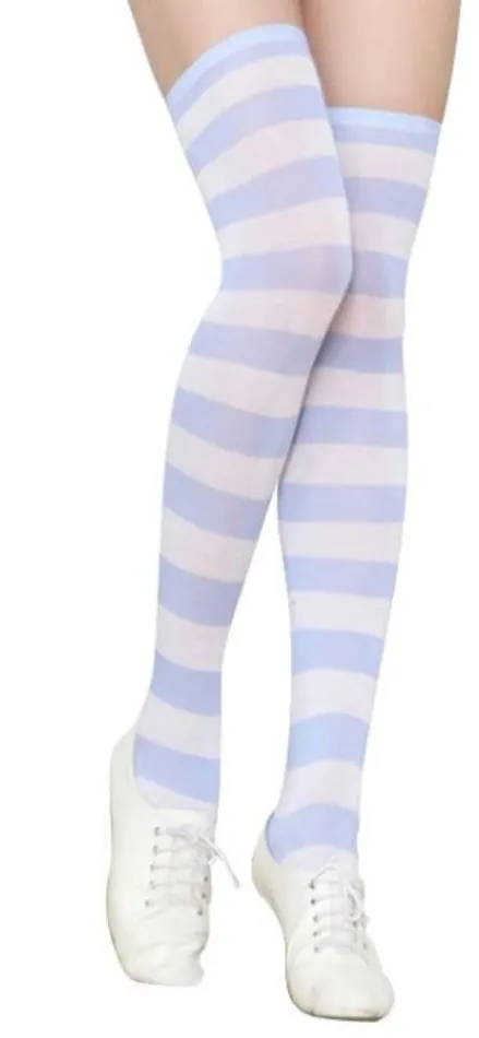 POLLY Rings SF140 Pale Blue White Wide Stripe Thigh High Socks