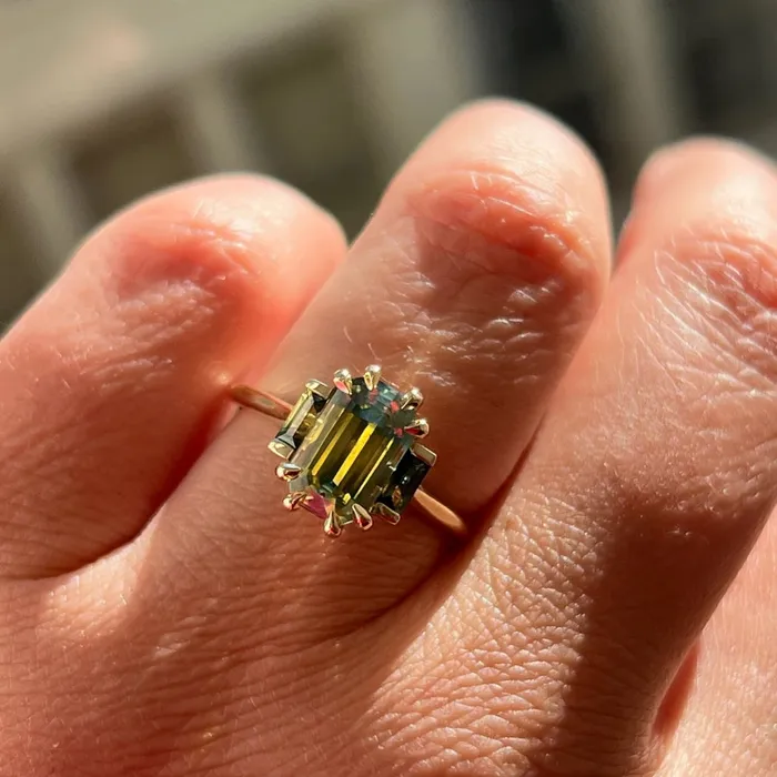 Rings Made By Gem Breakfast Wild Child GreenYellow Emerald Cut Sapphire Ring