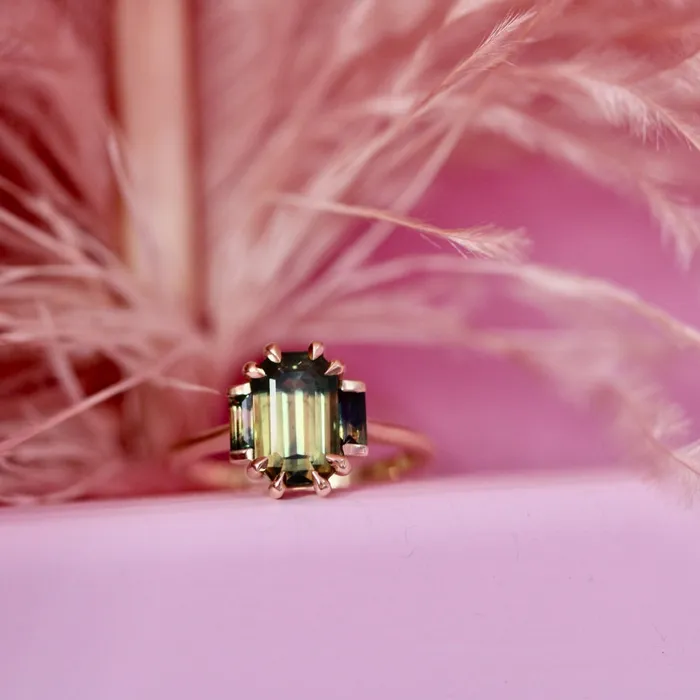 Rings Made By Gem Breakfast Wild Child GreenYellow Emerald Cut Sapphire Ring