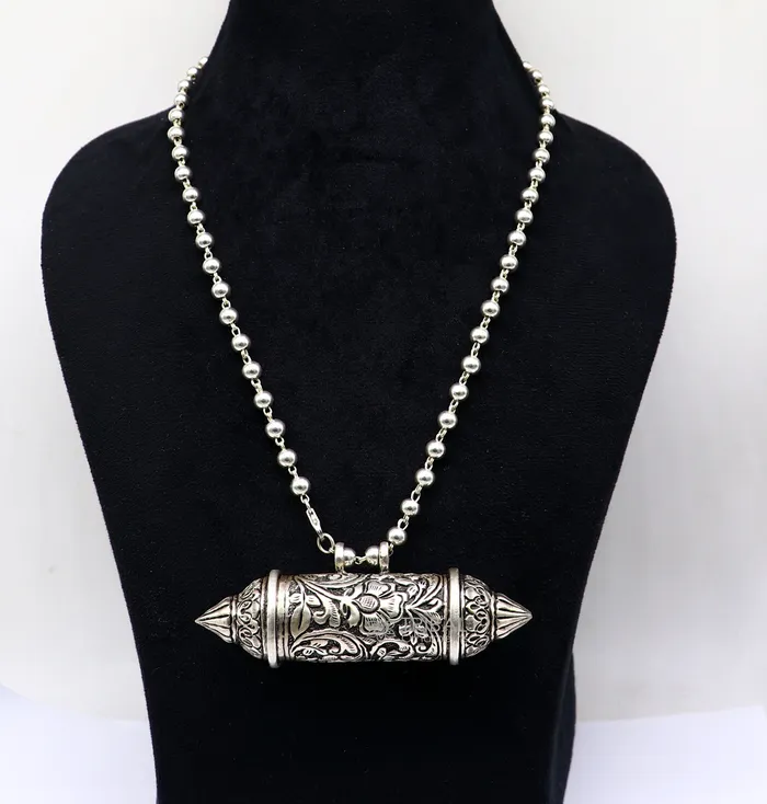 TRIBAL ORNAMENTS Necklaces 925 Sterling silver handmade Nakshai design pendant amulet mantra box pendant with beaded necklace tribal ethnic cultural jewelry set605 TRIBAL ORNAMENTS Necklaces 925 Sterling silver handmade Nakshai design pendant amulet mantra box pendant with beaded necklace tribal ethnic cultural jewelry set605