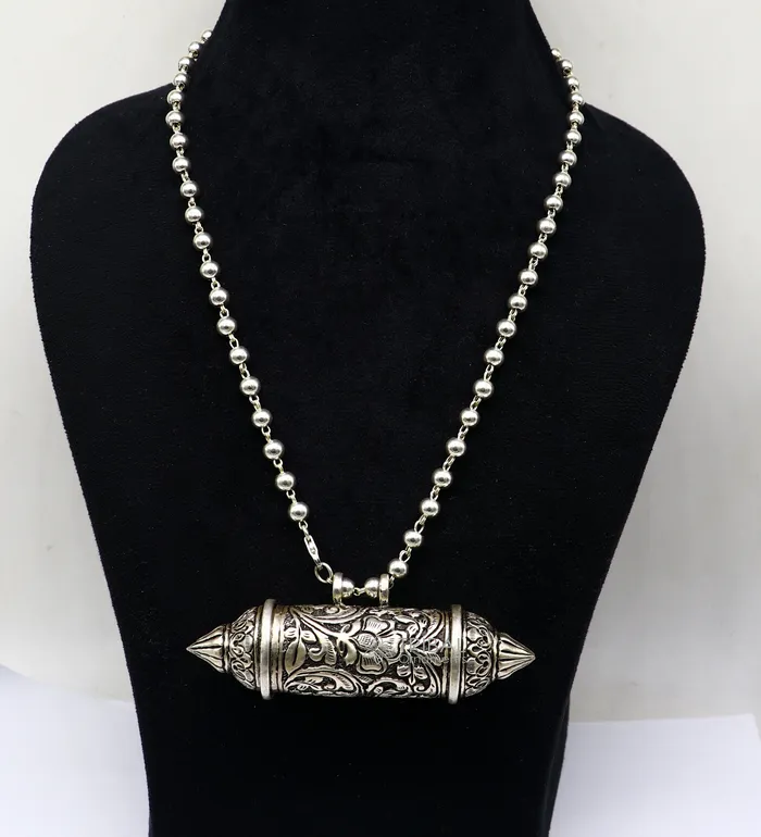 TRIBAL ORNAMENTS Necklaces 925 Sterling silver handmade Nakshai design pendant amulet mantra box pendant with beaded necklace tribal ethnic cultural jewelry set605 TRIBAL ORNAMENTS Necklaces 925 Sterling silver handmade Nakshai design pendant amulet mantra box pendant with beaded necklace tribal ethnic cultural jewelry set605