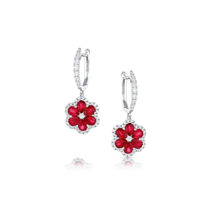 18kt White Gold Ruby and Diamond Drop Flower Earrings CJ Charles Jewelers Earrings 18kt White Gold Ruby and Diamond Drop Flower Earrings CJ Charles Jewelers Earrings