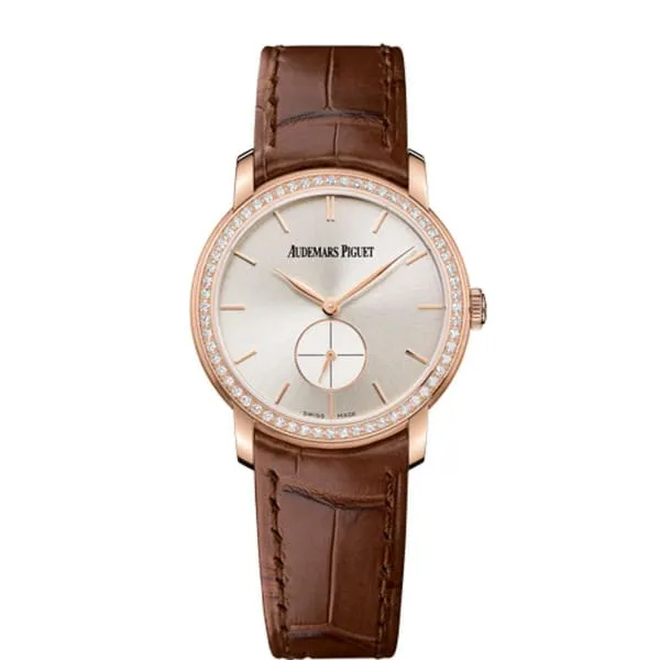 Audemars Piguet Earrings Audemars Piguet Jules Audemars Small Seconds 33mm Watch Ref 77239ORZZA088CR01 Silver Dial Diamond Bezel in 18K Rose Gold Case Brown Alligator Strap