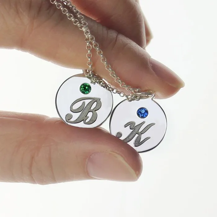 Belbren Necklaces Engraved 3 Initials Birthstones Disc Charm Necklace