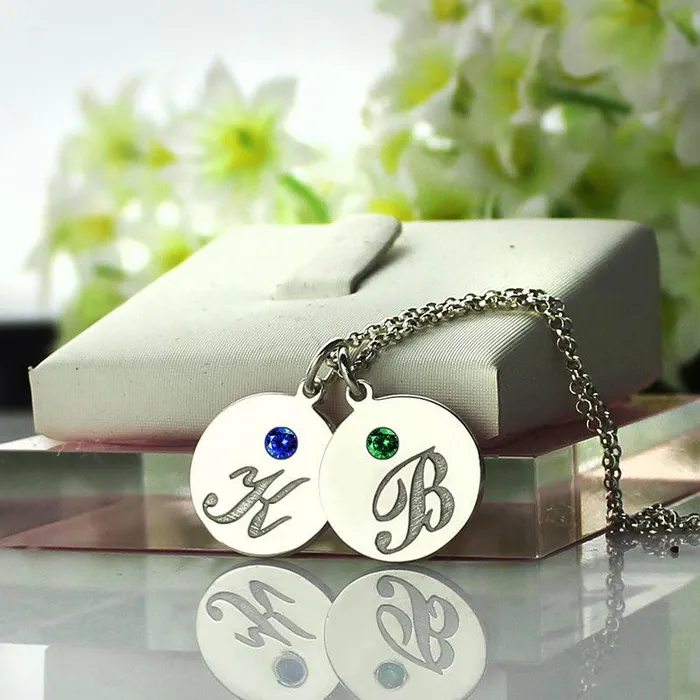 Belbren Necklaces Engraved 3 Initials Birthstones Disc Charm Necklace