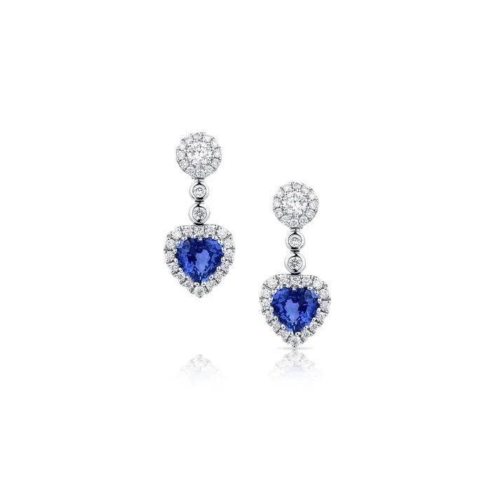 CJ Charles Jewelers Earrings 18kt White Gold 122ctw Sapphire and Diamond Heart Shaped Drop Earrings CJ Charles Jewelers Earrings 18kt White Gold 122ctw Sapphire and Diamond Heart Shaped Drop Earrings