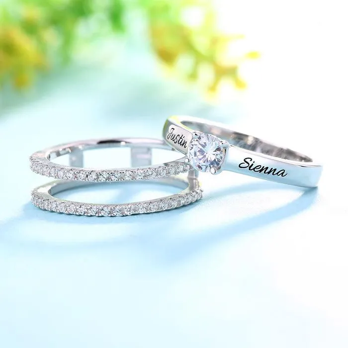Custom Engraved Promise Ring Set with Simulated Diamond Cubic Zirconia Stackable Couples Rings for Engagement Friendship or Anniversary Belbren Rings