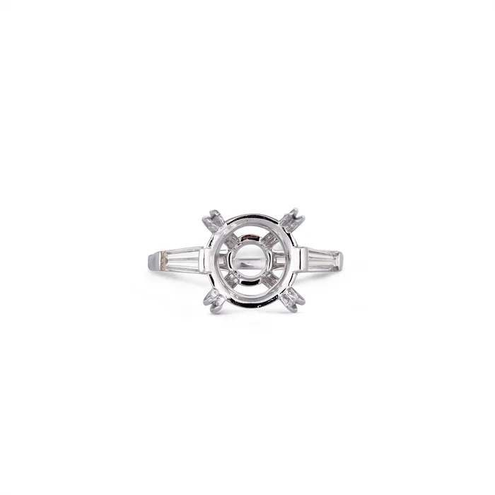 Engagement Collections Rings 18K White Gold Three Stone Ring with Tapered Baguette Diamond Sides and Round Head Engagement Collections Rings 18K White Gold Three Stone Ring with Tapered Baguette Diamond Sides and Round Head