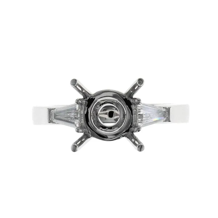 Engagement Collections Rings 18K White Gold Three Stone Round Semi Mount Ring with Tapered Baguette Diamond Sides Engagement Collections Rings 18K White Gold Three Stone Round Semi Mount Ring with Tapered Baguette Diamond Sides