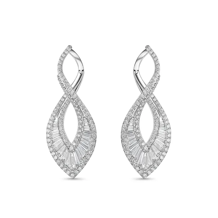 Meierotto Jewelers Earrings 14K White Gold Baguette Round and Tapered Baguette Waved Pear Design Drop Earrings Meierotto Jewelers Earrings 14K White Gold Baguette Round and Tapered Baguette Waved Pear Design Drop Earrings