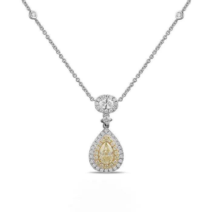 Meierotto Jewelers Necklaces 18K White Gold Pear Yellow Diamond with Yellow and White Diamond Halo and Oval with Halo Pendant Necklace Meierotto Jewelers Necklaces 18K White Gold Pear Yellow Diamond with Yellow and White Diamond Halo and Oval with Halo Pendant Necklace