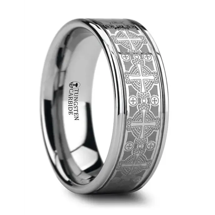 Mens Bands Rings Flat Tungsten 8mm Ring with Engraved Celtic Crosses