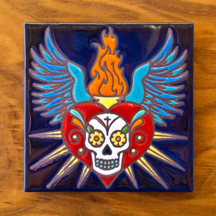 Necklaces Carly Quinn Designs Dia de los Muertos Sacred Heart Glazed Tile