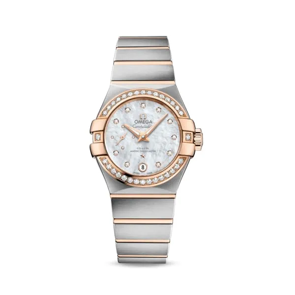 Omega Constellation 27mm Watch Ref 12725272055001 White Mother of Pearl Diamond Index Dial Diamond Bezel Two Tone Stainless Steel 18K Rose Gold Bracelet Omega Bracelets Omega Constellation 27mm Watch Ref 12725272055001 White Mother of Pearl Diamond Index Dial Diamond Bezel Two Tone Stainless Steel 18K Rose Gold Bracelet Omega Bracelets