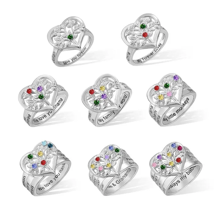 Personalized Family Tree Heart Ring with Custom Kids Names Birthstones Tree of Life Ring Ideal Mothers Day Gift Belbren Rings