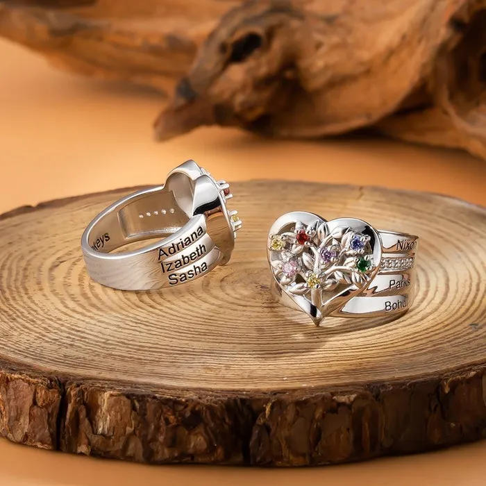 Personalized Family Tree Heart Ring with Custom Kids Names Birthstones Tree of Life Ring Ideal Mothers Day Gift Belbren Rings
