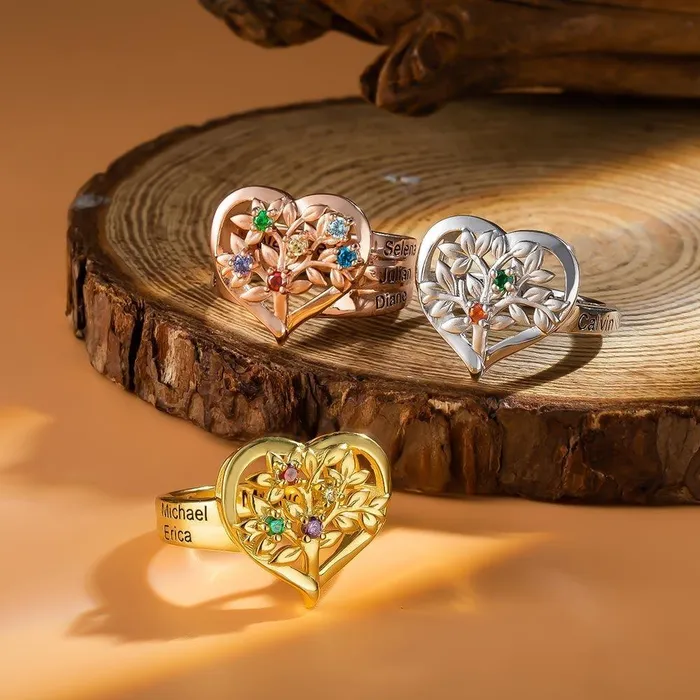 Personalized Family Tree Heart Ring with Custom Kids Names Birthstones Tree of Life Ring Ideal Mothers Day Gift Belbren Rings