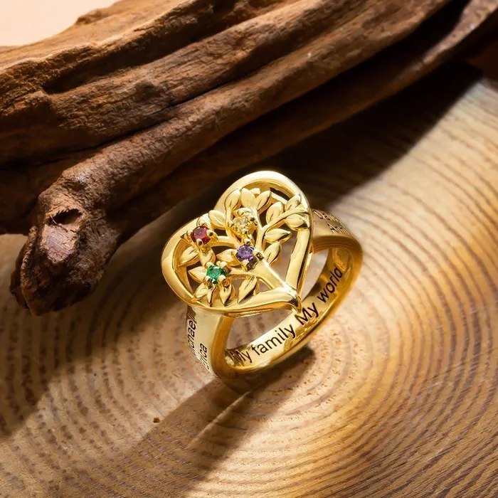 Personalized Family Tree Heart Ring with Custom Kids Names Birthstones Tree of Life Ring Ideal Mothers Day Gift Belbren Rings