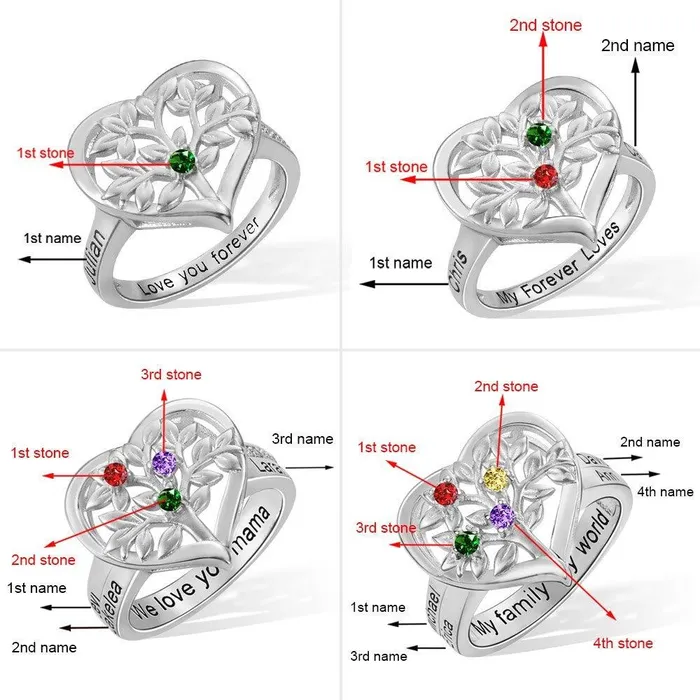 Personalized Family Tree Heart Ring with Custom Kids Names Birthstones Tree of Life Ring Ideal Mothers Day Gift Belbren Rings